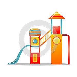 Kids playground complex in rocket style with stairs, suspension bridge, towers, slide. Vector illustration isolated on