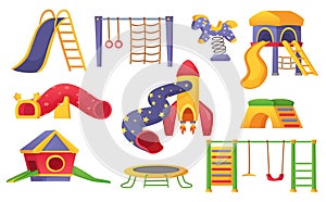 Kids playground elements, children park play equipment. Cartoon slide, swing, trampoline, horse, playset for outdoor photo