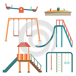 Kids playground flat cartoon set with swing carousels slides