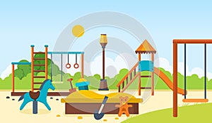 Kids playground, horizontal bars and swings, walking park, children`s toys.