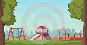 Kids playground or park. Children play complex with slide, swing and sandbox. Vector flat style illustration.