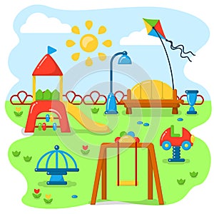 Kids playground with slide, seesaw, swing and bench