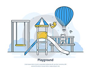 Kids playground with swing, slide and park bench