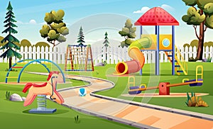 Kids playground with tube slide, climbing ladder and seesaw landscape