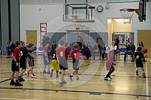 Kids playing basketball match