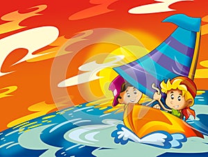 Kids playing at the beach having fun by the sea or ocean - illustration