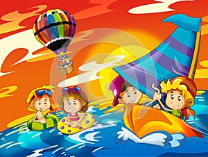 Kids playing at the beach having fun by the sea or ocean - illustration