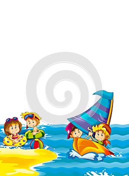Kids playing at the beach having fun by the sea or ocean - with space for text - illustration