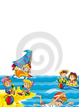Kids playing at the beach having fun by the sea or ocean - with space for text - illustration