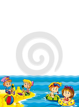 Kids playing at the beach having fun by the sea or ocean - with space for text - illustration