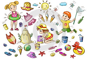 Kids playing at the beach. Little boys and girls having fun at sea and ocean shore. Children vacation with vector mask