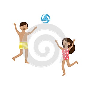 Kids playing beach volleyball summer isolated vector illustration