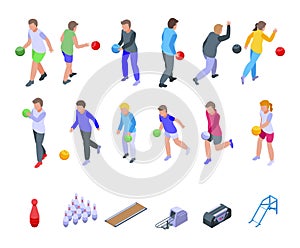 Kids playing bowling icons set, isometric style