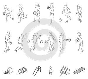 Kids playing bowling icons set vector outline