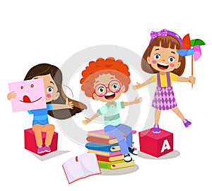 kids playing with bricks and educational games in kindergarten room. Kids play together in kindergarden. Poster with the place for