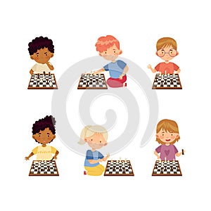 Kids playing chess set. Chess players thinking over chessboard vector illustration