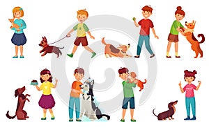 Kids playing with dogs. Child feeding dog, pet animals care and kid walking with cute puppy cartoon vector illustration