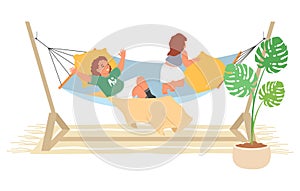 Kids playing in hammock flat cartoon vector