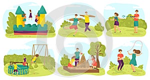 Kids playing, having fun on playground outdoors in summer, friends play in park activity games, set of vector