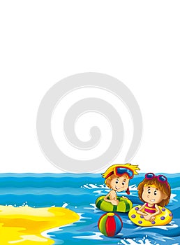 Kids playing and having fun by the sea or ocean - with space for text - illustration