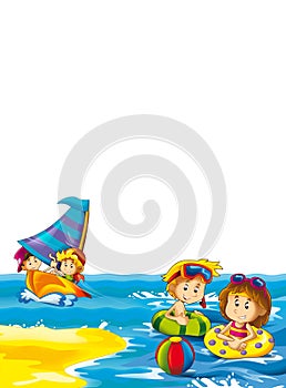 Kids playing and having fun by the sea or ocean - with space for text - illustration