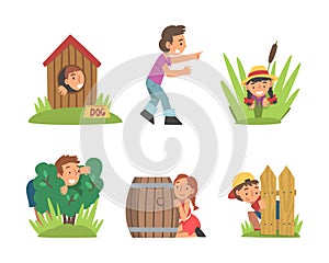 Kids Playing Hide and Seek Concealing Behind Fence and Bush Vector Set