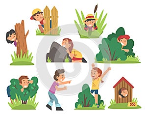 Kids Playing Hide and Seek Concealing Behind Tree and Bush Vector Set