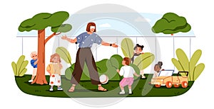 Kids playing hide and seek, outdoor game. Woman blindfold and children, joyful activity in nature. Happy summer
