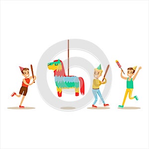 Kids Playing With Horse Shaped Pinata, Kids Birthday Party Scene With Cartoon Smiling Character