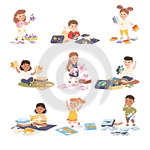 Kids Playing Jigsaw Puzzle Sitting on the Floor Assembling Mosaiced Pieces into Picture Vector Set