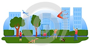 Kids playing kites, airplane vector illustration. children flying kites in city park. Entertainment outdoor in summer.
