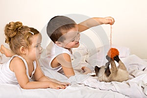 Kids playing with a kitten and a yarn ball