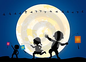 Kids playing lantern under moonlight vector illustration