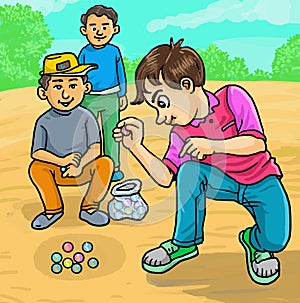 Kids playing marbles games. Traditional old games.