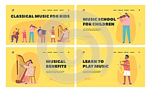 Kids Playing Music Landing Page Template Set. Children Play Classic Instruments Cello, Flute, Violin, Accordion, Sax