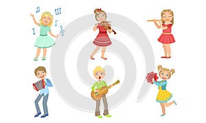 Kids Playing Music and Singing Set, Boys and Girls with Musical Instruments, Children Playing Violin, Flute, Accordion