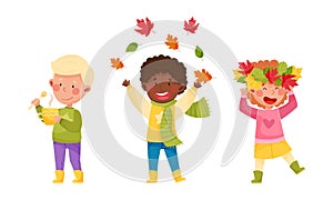 Kids playing outdoors in autumn set. Children throwing colorful leaves, drinking hot tea and making wreath of leaves