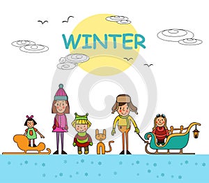 Kids playing outdoors in winter isolated on white background. Vector illustration