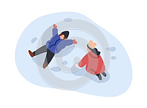 Kids playing outdoors on winter vacation. Happy children, boy and girl making snow angel, footprint, fun in snowdrift at