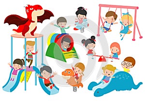 Kids playing Outside, child playing at playground,happy children playing park Vector illustration.