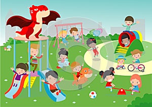 Kids playing Outside, child playing at playground,happy children playing park Vector illustration.