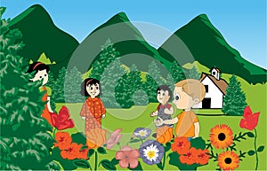 Happy Children Enjoying Outdoor Adventures in a Colorful Flower Garden - Vector Illustration