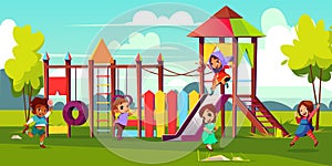 Kids playing on park playground cartoon vector photo