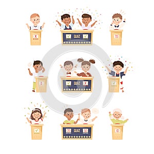 Kids Playing Quiz Game or Mind Sport Standing at Press Button Answering Question Vector Set