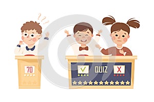 Kids Playing Quiz Game or Mind Sport Standing at Press Button Answering Question Vector Set