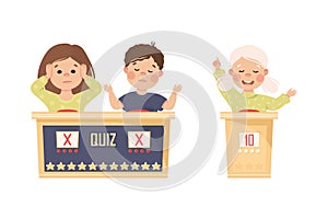 Kids Playing Quiz Game or Mind Sport Standing at Press Button Answering Question Vector Set