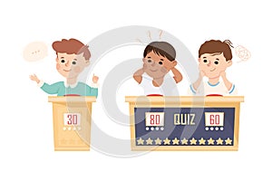 Kids Playing Quiz Game or Mind Sport Standing at Press Button Answering Question Vector Set