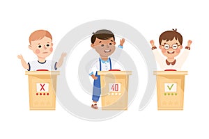 Kids Playing Quiz Game or Mind Sport Standing at Press Button Answering Question Vector Set