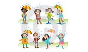 Kids Playing in the Rain Set, Happy Boys and Girls Having Fun Outdoors Vector Illustration
