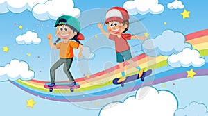 Kids playing skateboard on rainbow sky